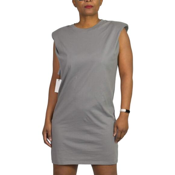 Babaton Mini Dress Grey Shoulder Pad Crew Neck Boxy Waif T-Shirt Pewter Size XXS - Picture 1 of 14